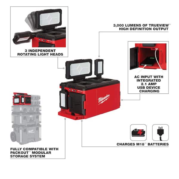 Milwaukee 2357-20-48-11-1850 M18 18-Volt Lithium-Ion Cordless PACKOUT 3000 Lumens LED Light with Built-In Charger with (1) 5.0 Ah Battery - 2