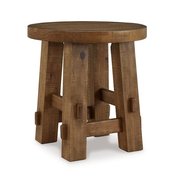 Benjara Ack 24  in. Brown Round Wooden End Table with Sturdy Block Legs