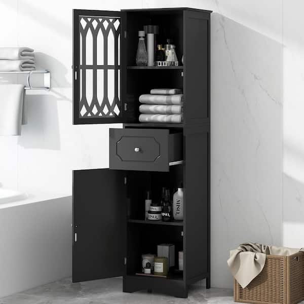 Unbranded Modern 16.5 in. W x 14.2 in. D x 63.8 in. H Black Linen Cabinet Tall and Wide Floor Storage with Drawers