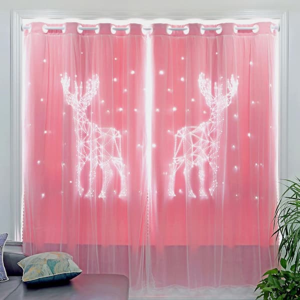Pro Space Pink 52 in. W x 84 in. L Blackout Cutout Elk Pattern Curtain for Kids Room (2-Panels)