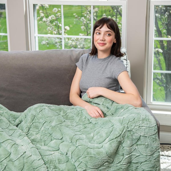 HGTV Triple Jacquard Carved Faux Fur Quietude-Sage Green Throw Blanket