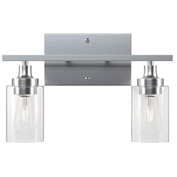Merra 14 in. 2 Light Modern Brushed Nickel Vanity Light with Clear Glass Shade