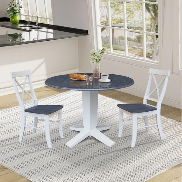 3-Piece Lyla White/Heather Gray Solid Wood 42 in Drop-leaf Pedestal Dining Set with 2 Alexa Side Chairs Seats 2
