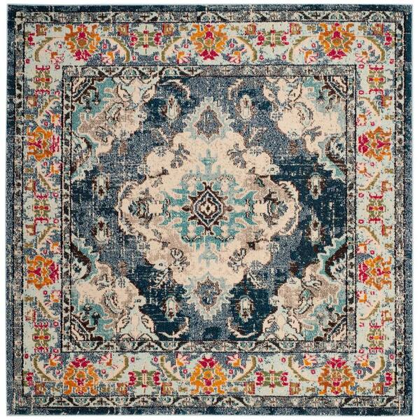 SAFAVIEH Monaco Navy/Light Blue 10 ft. x 10 ft. Distressed Border Medallion Square Area Rug
