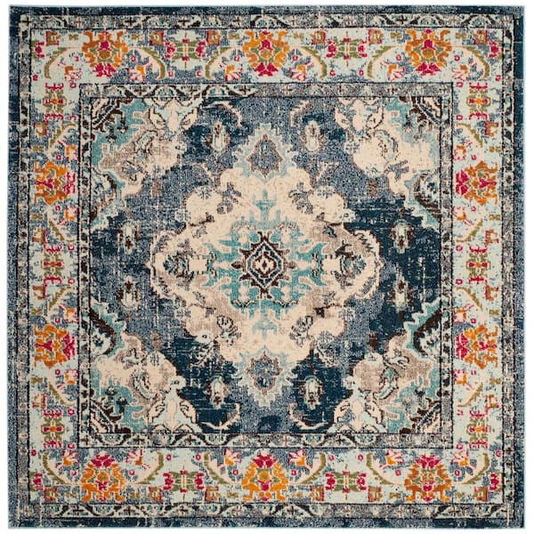 Monaco Navy/Light Blue 11 ft. x 11 ft. Distressed Border Medallion Square Area Rug
