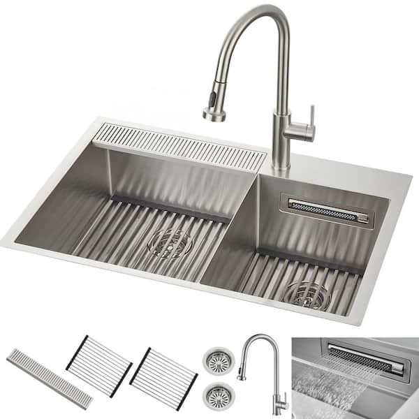 33 in. Drop-In/Undermount 40/60 Double Bowl Stainless Steel Sink with Retractable Faucet and Waterfall