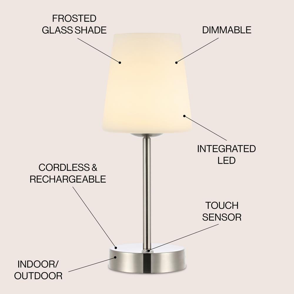 Nickel Cordless Rechargeable LED Table Lamp with Frosted Glass Shade