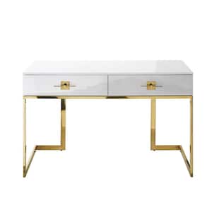 23.6 in. Rectangular White/Gold 2 Drawer Executive Desks with Steel Frame
