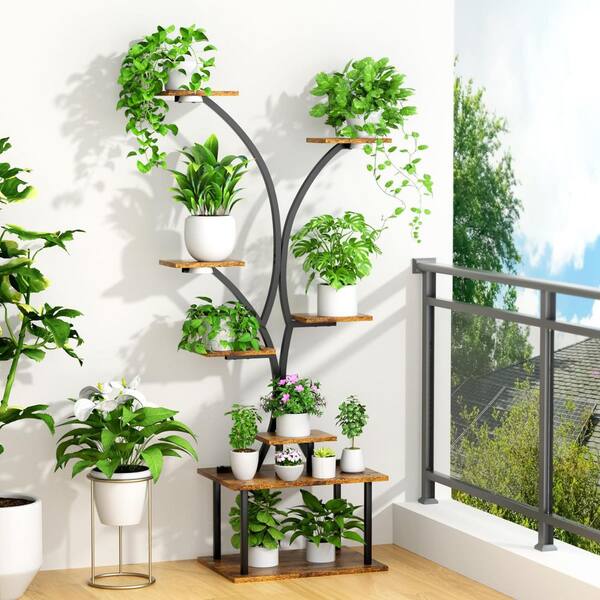 60 in. Black Iron Plant Stand Grow Light Shelf 8-Tier Plant
