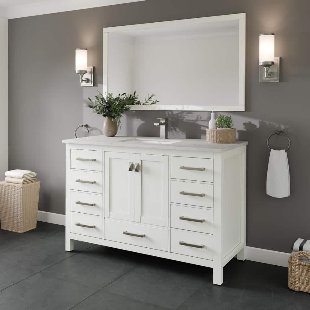 White Solid Wood Bathroom Vanity with Carrara Quartz Countertop