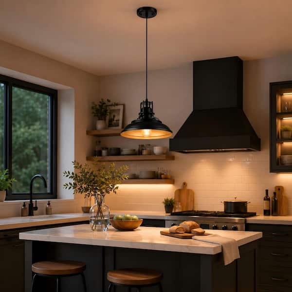 JAZAVA 1-Light Farmhouse Vintage Black Finish Barn Pendant Light