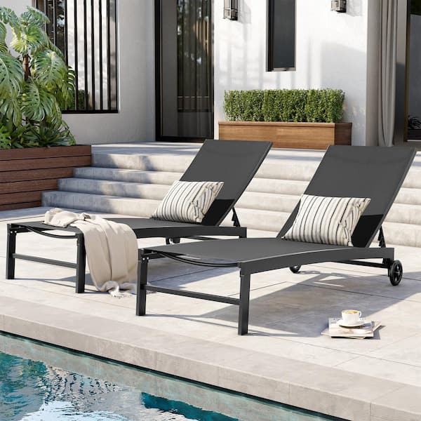 Crestlive Products 2-Piece Metal Adjustable Outdoor Chaise Lounge With Wheels in Black