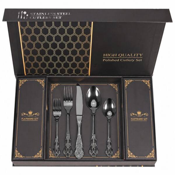 Retro Black Stainless Steel 40-Piece Flatware Set with Gift Box for 8
