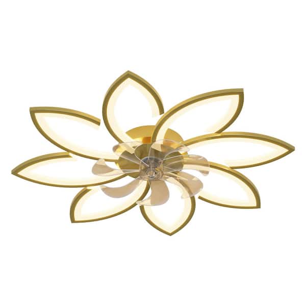 OLUZO 35 in. Indoor Gold Bladeless Creative Flower Ceiling Fan With Light Remote Control, Dimmable 3-Color Modern Ceiling Fan