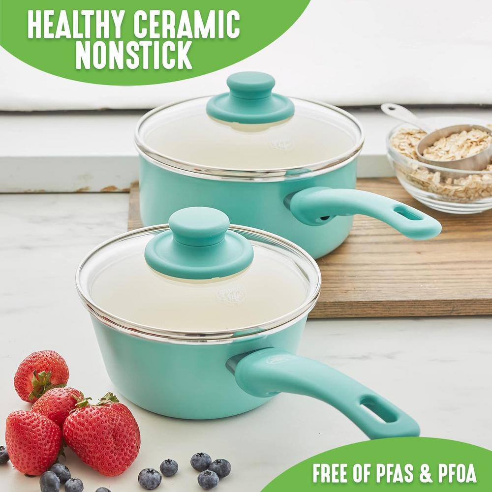 Turquoise Aluminum Nonstick Saucepan Set with Glass Lids, 1 Qt & 2 Qt