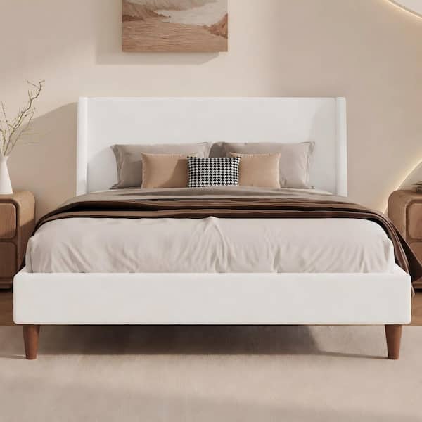 Ivory/White Wood Frame Queen Size Platform Bed with Wingback Headboard and Walnut Wooden Legs