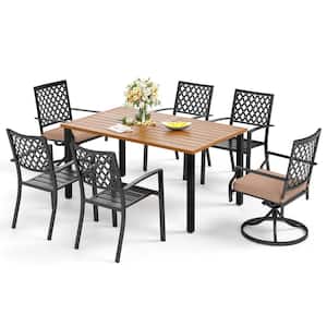 7-Piece Metal Outdoor Patio Dining Set with Brown Slat Table-Top and Elegant Swivel Chairs with Beige Cushions