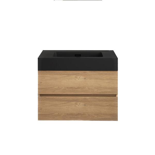 30 in. Wall Mounted Oak Bath Vanity with Black solid surface Top Unassembled