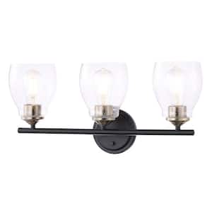 Winsley 22.125 in. 3-Light Black and Stained Brass Vanity Light with Clear Seeded Glass Shades