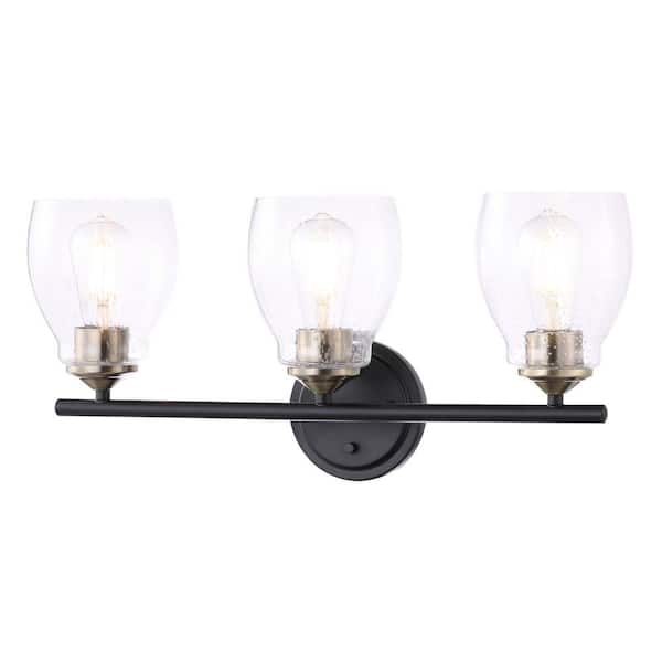 Minka Lavery Winsley 22.125 in. 3-Light Black and Stained Brass Vanity Light with Clear Seeded Glass Shades