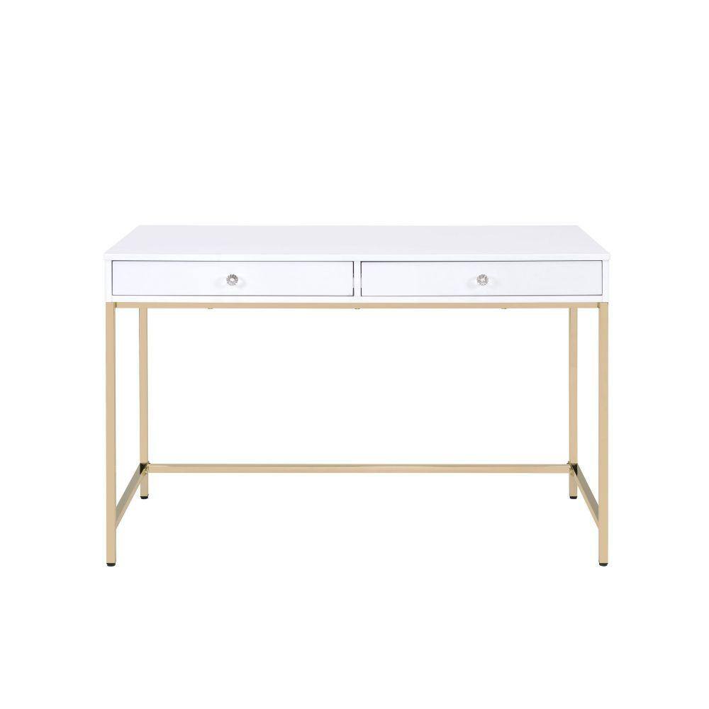 White High Gloss Rectangular Writing Desk with Gold Metal Base and 2 Drawers