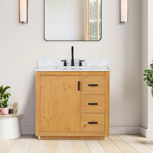 Perla 36 in. W x 22 in. D x 34 in. H Single Sink Bath Vanity in Natural Wood with Grain White Composite Stone Top