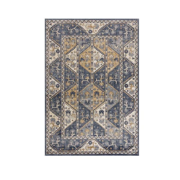 8 ft. x 10 ft. Tiled Border Area Rug Blue Cream Polyester