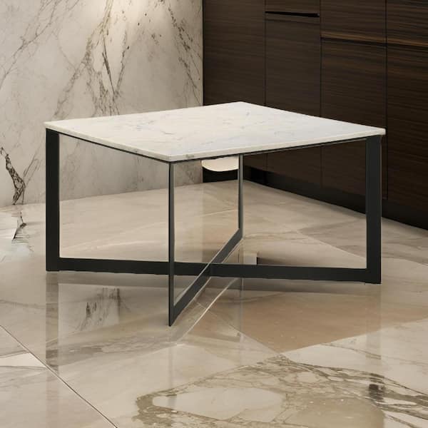Benjara Sovi 28 in. White and Black Square Marble Coffee Table with Black Metal Frame
