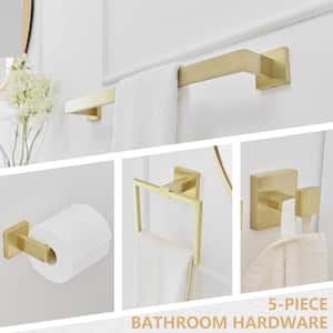 Bathroom Hardware 5-Piece Bath Hardware Set with Towel Bar, Robe Hook, Toilet Paper Holder in Brushed Gold