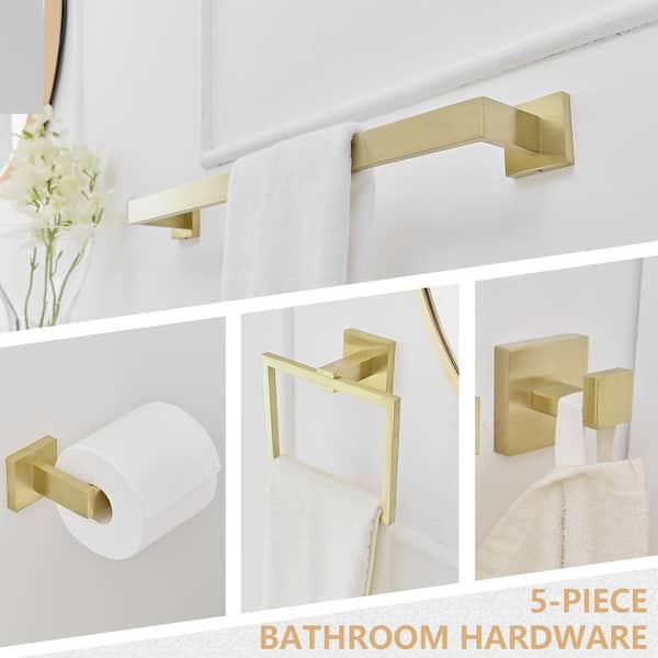 Bathroom Hardware 5-Piece Bath Hardware Set with Towel Bar, Robe Hook, Toilet Paper Holder in Brushed Gold