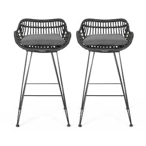 Dale Grey Metal Outdoor Patio Bar Stool with Dark Grey Cushions (2-Pack)