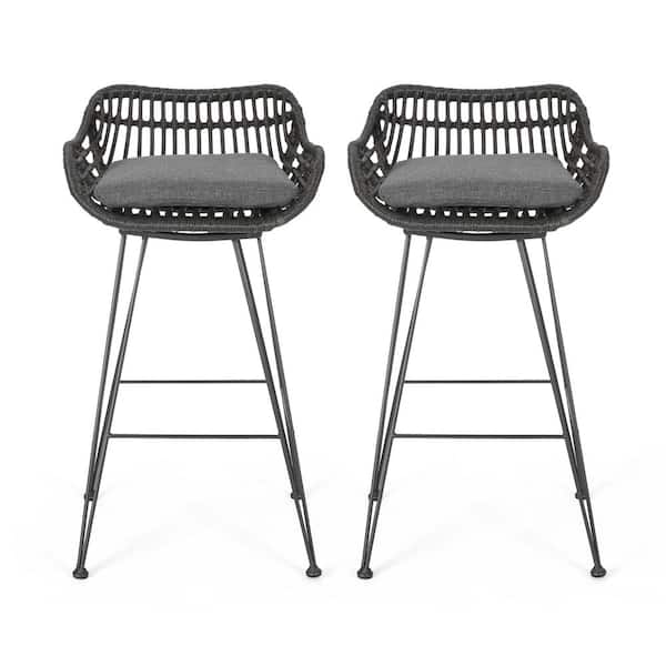 Dale Grey Metal Outdoor Patio Bar Stool with Dark Grey Cushions (2-Pack)