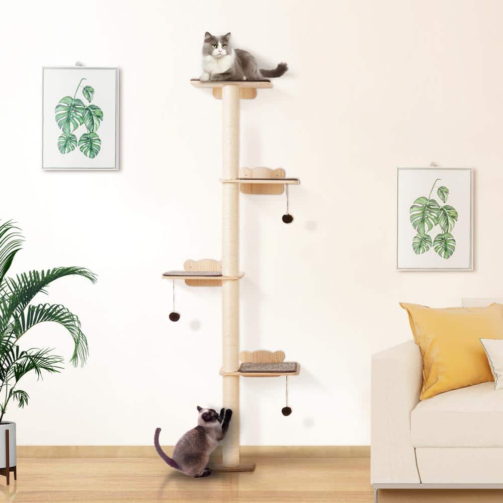 Natural Pine Wood 4-Tier Wall-Mounted Cat Tree with Plush Pads