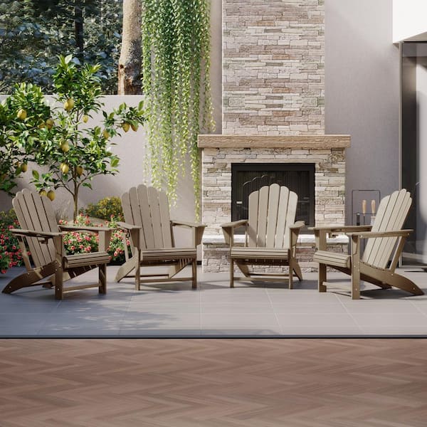 Aderson Set of 4 All Weather Fade Resistant Outdoor Patio HDPE Adirondack Chairs with Cup Holders in Weathered Wood