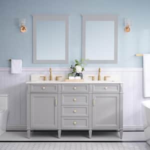 60 in. W x 22 in. D x 35 in. H Solid Wood Freestanding Bath Vanity in Grey with Double Sinks, Carrera White Quartz Top