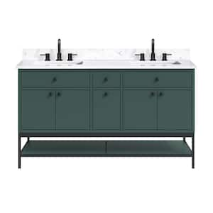 Paisley 60 in. Double Sink Everglade Green Bath Vanity with Cala White Engineered Stone Top