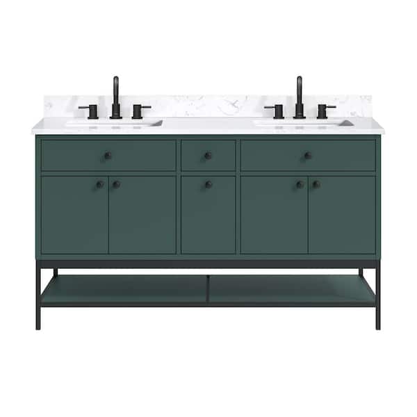Paisley 60 in. Double Sink Everglade Green Bath Vanity with Cala White Engineered Stone Top