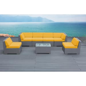 Gray 7-Piece Wicker Patio Seating Set with Sunbrella Sunflower Yellow Cushions