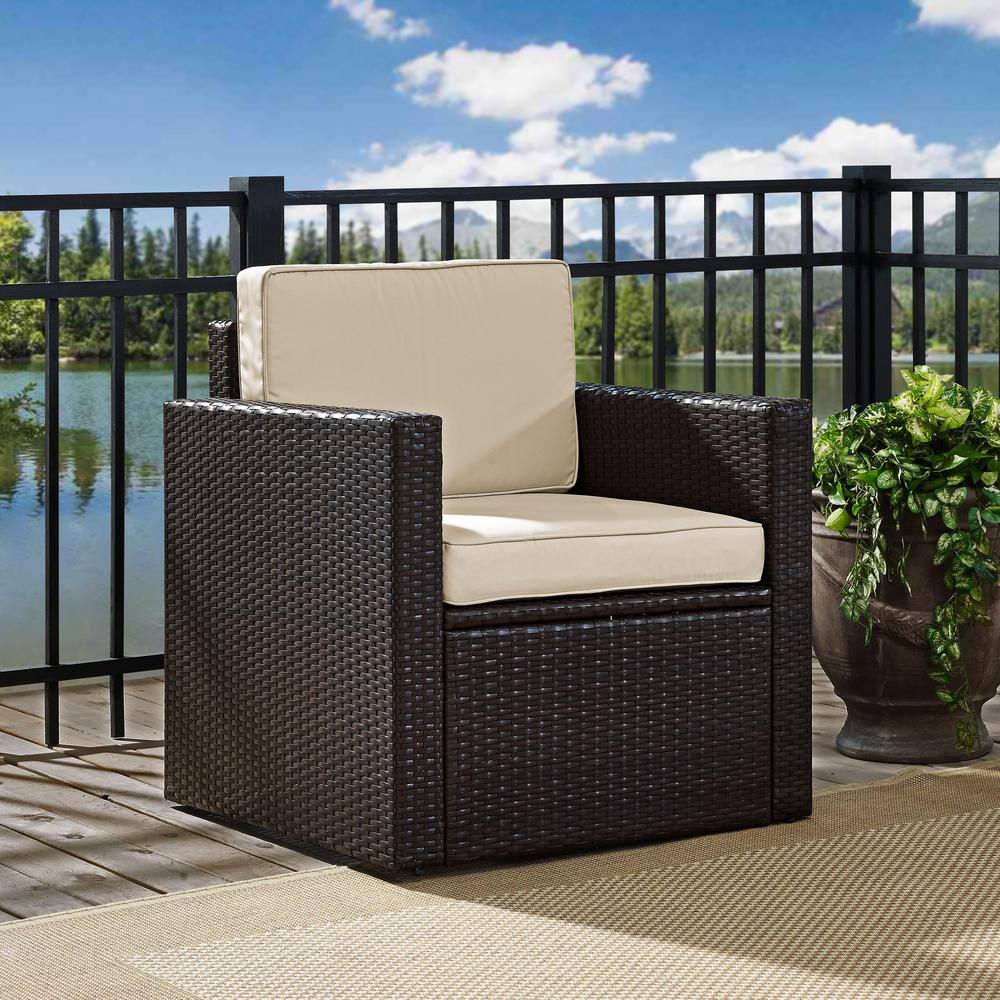 Palm Harbor Sand and Brown Outdoor Wicker Armchair with Cushions