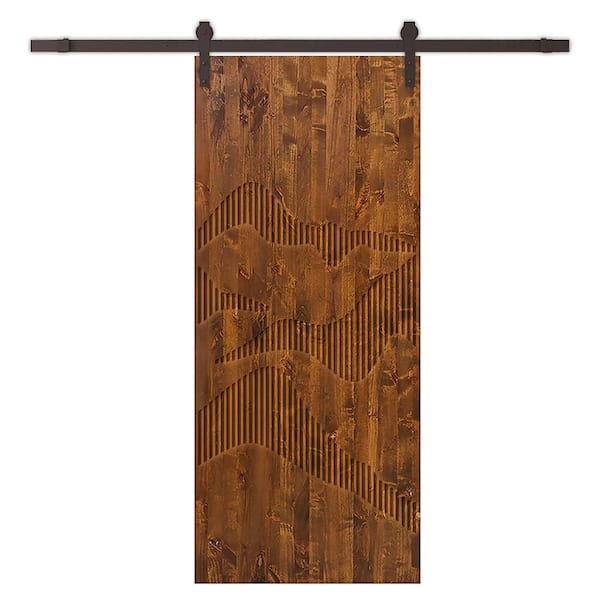 CALHOME 30 in. x 80 in. Walnut Stained Pine Wood Modern Interior Sliding Barn Door with Hardware Kit
