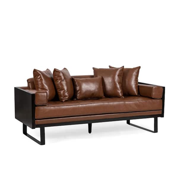 Noble House Gould 2-Seat Cognac Brown and Black Faux Leather Oversized Loveseat