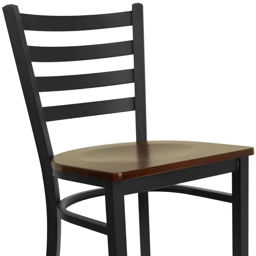 Elegant Black Metal Ladder Back Barstool with Mahogany Wood Seat