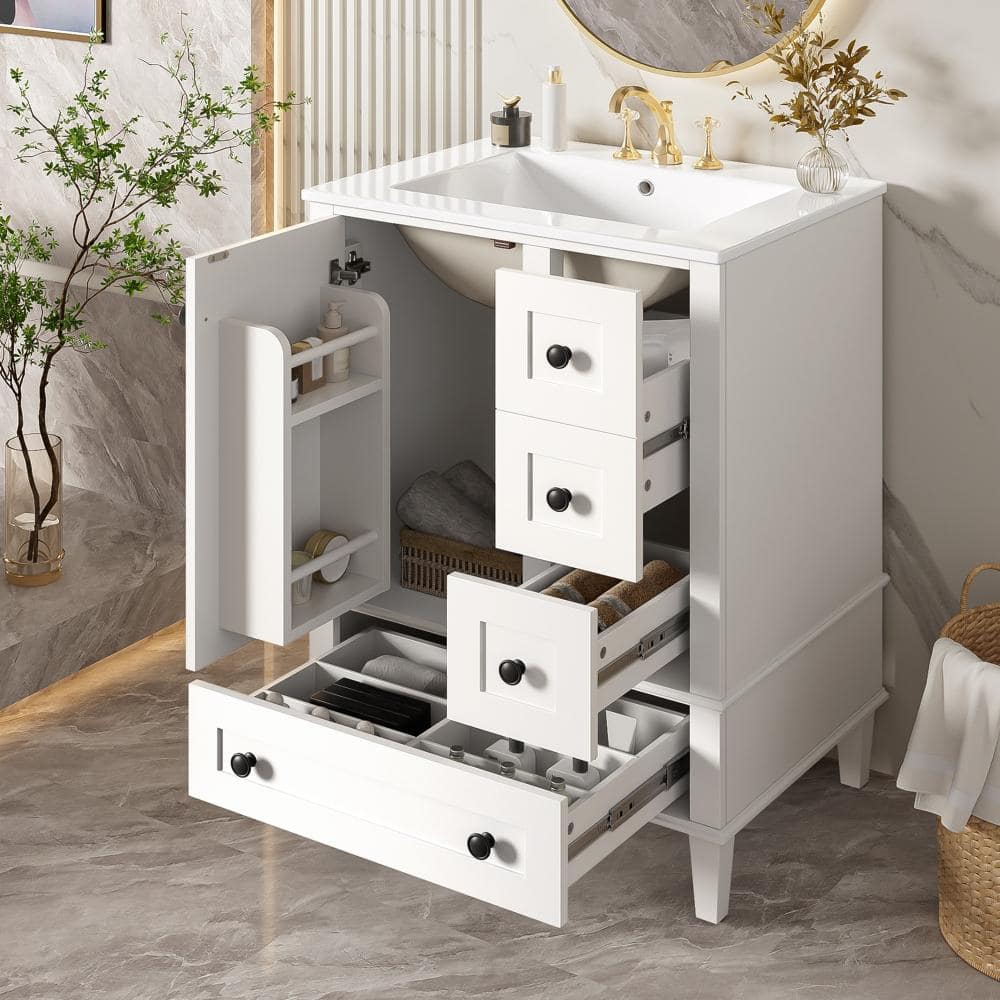 24 in.White Freestanding Bathroom Vanity with Ceramic Single Sink,Soft Close Door & Drawers,Door Storage Rack price history on PriceWatchPro