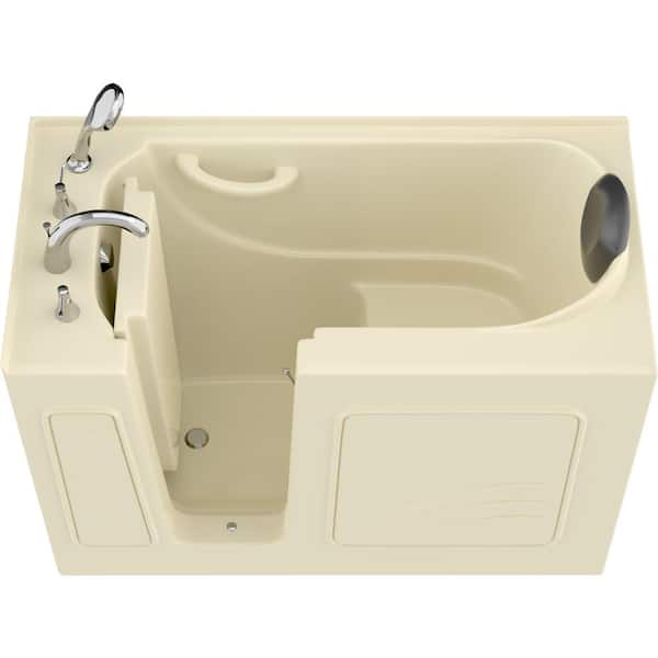 Safe Premier Series 26 in. L x 53 in. W Left Side Drain Soaker Bathtub in Biscuit with Fast Filling Faucet Set