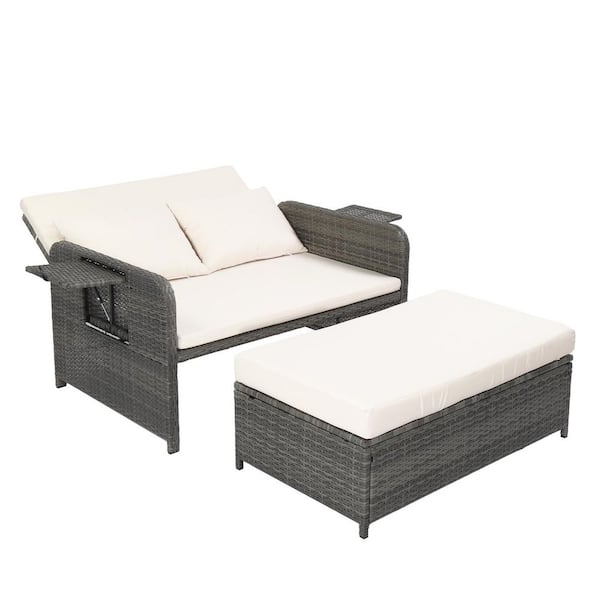 Grey Adjustable Backrest Wicker Outdoor Day Bed with Beige Cushions