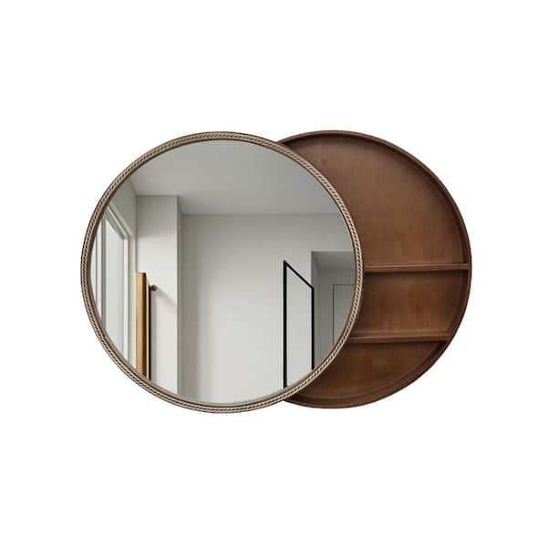 23.62 in. W x 23.62 in. H Round Natural Wood Medicine Cabinet with Mirror and 2-Tier Wooden Side Cabinet