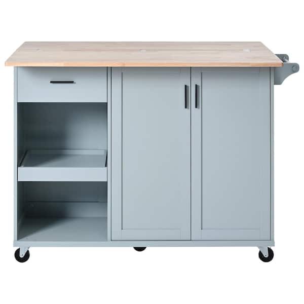 Cesicia Gray Blue Wood 49.02 in. Foldable Drop Leaf Kitchen Island Storage Towel Rack with Slide-Out Shelf and Drawer