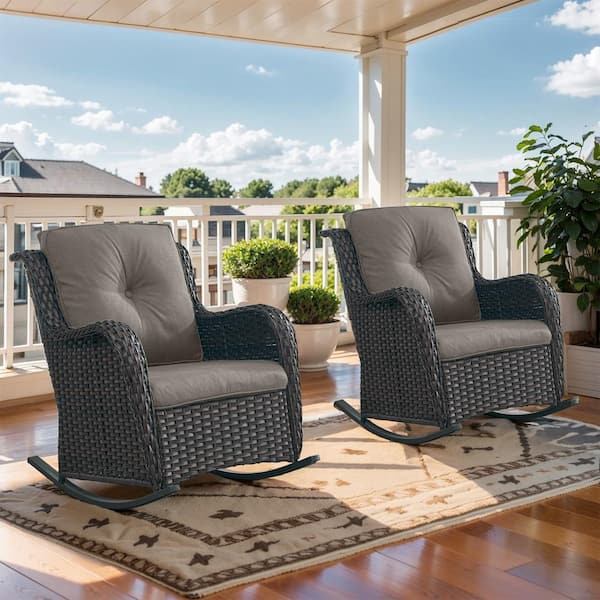 Opohoro Brown Wicker Outdoor Rocking Chair, Patio Rattan Rocker Chair with Gray Cushions for Garden Backyard Porch (2-Pack)