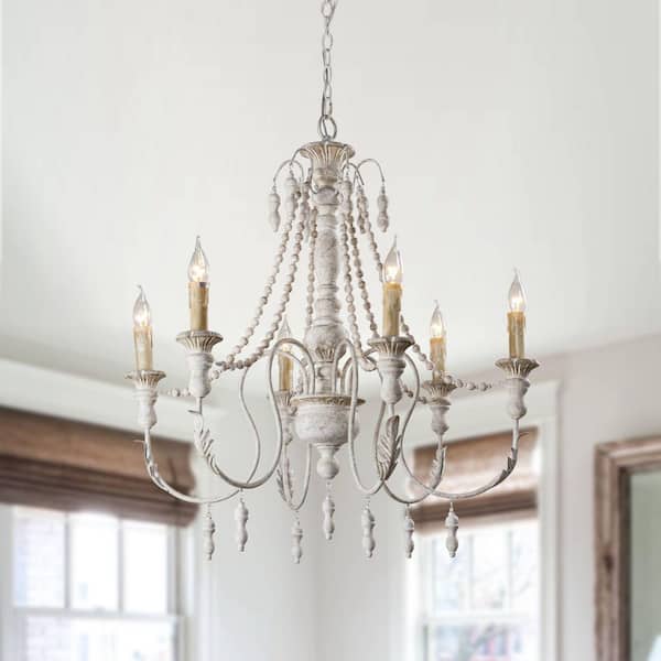 Parrot Uncle Billiter 6-Light Gray Wood Farmhouse Empire Chandelier with Wood Beads for Kitchen