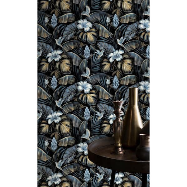 Blue Bold Machine Washable Floral Jungle, 57 sq.ft. Non-Woven Non-Pasted Double Roll Wallpaper